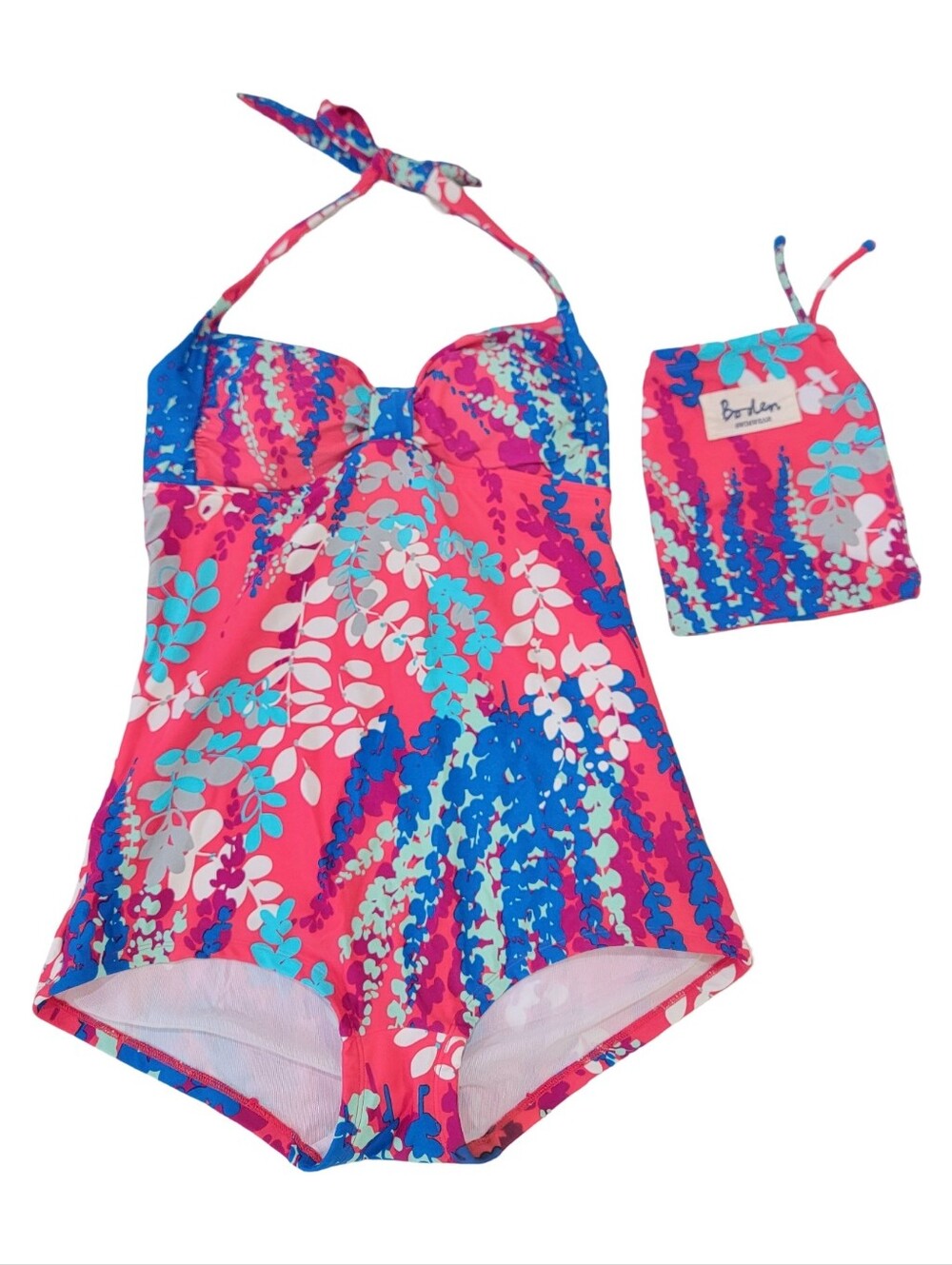 Boden Halter One Piece Bathing Swimsuit Retro Floral Pink Blue Women’s Size 10 - Picture 3 of 17